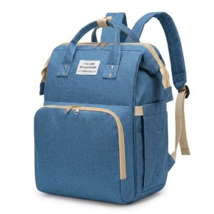 Vue de face du sac à langer 3 en 1 bleu fonctionnel