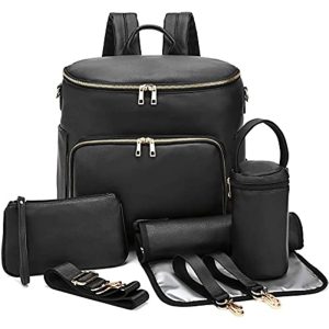 Sac à langer en cuir noir élégant avec poches extensibles