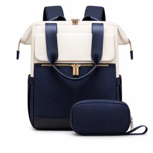 Vue de face du sac à langer à dos bleu élégant et fonctionnel