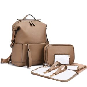 Sac à langer en cuir marron avec poches multiples